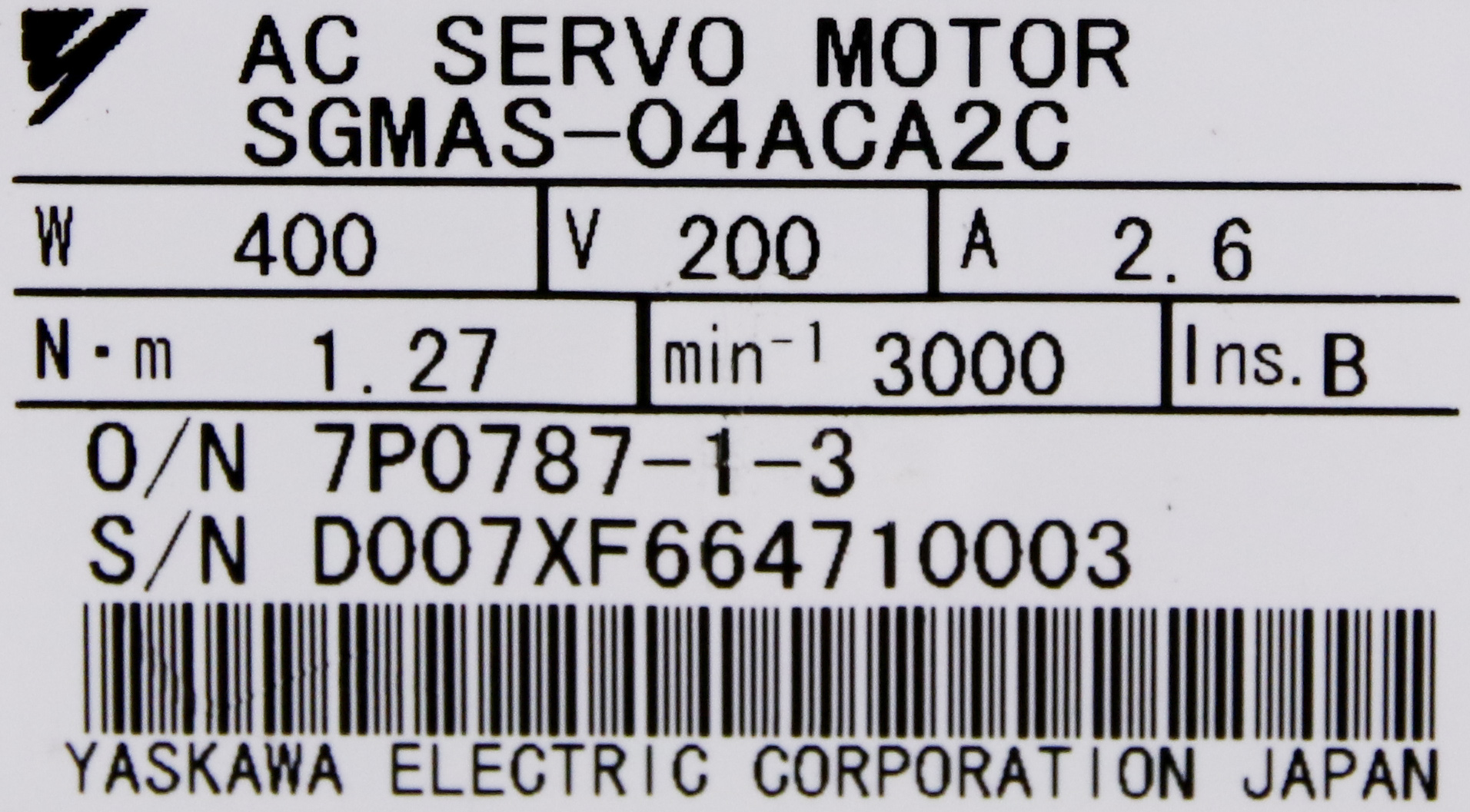 11094 YASKAWA AC SERVO MOTOR, 400W, 200V, 3000RPM SGMAS-04ACA2C | eBay